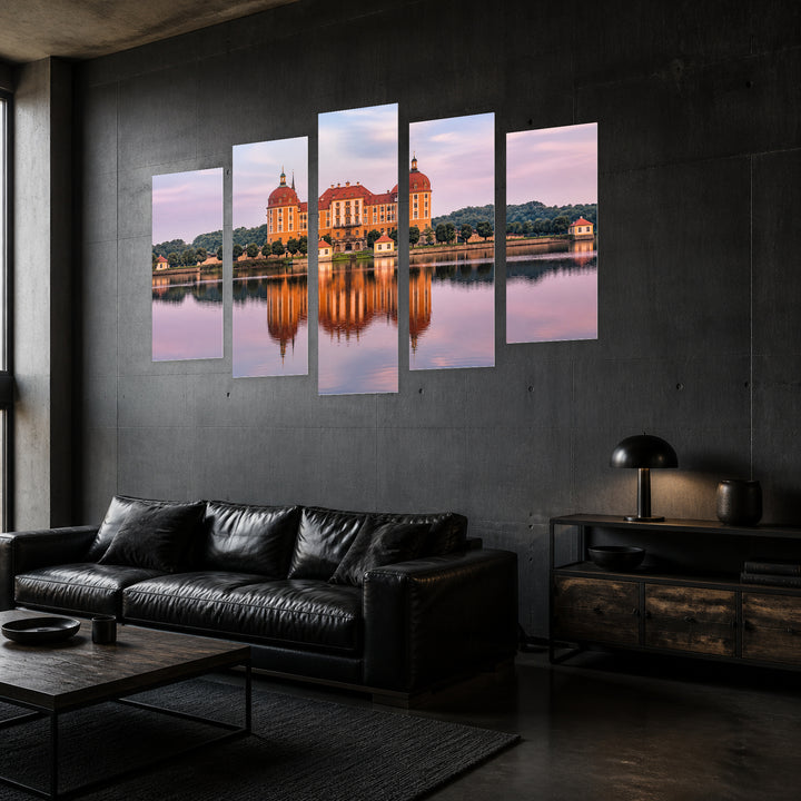 Moritzburg Palace in Serene Light — five-panel wall art in perspective interior | 5wallart 55928 M2
