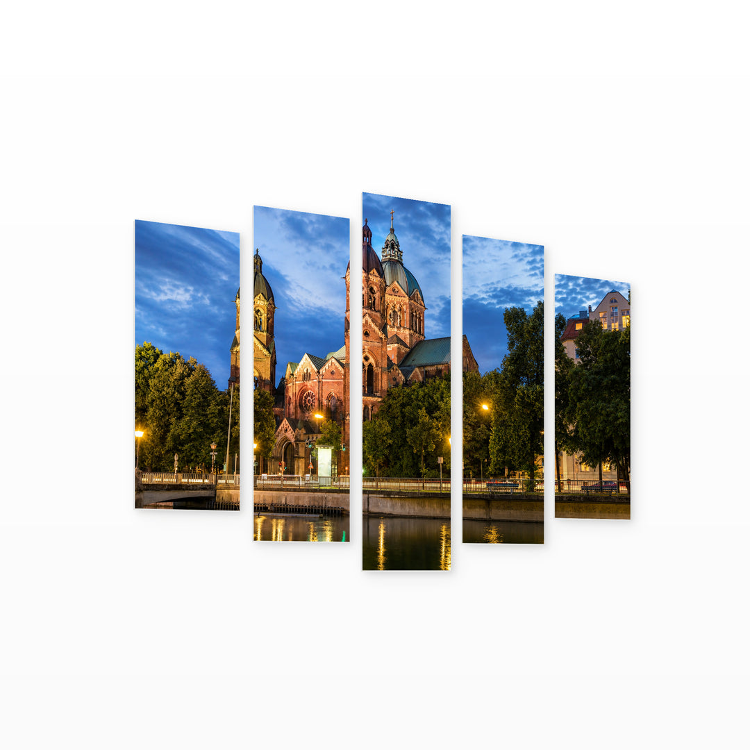 Pink Church "st. Luke", Munich with Geometric Rhythm — five-panel wall art on white background in perspective | 5wallart 55929 M1
