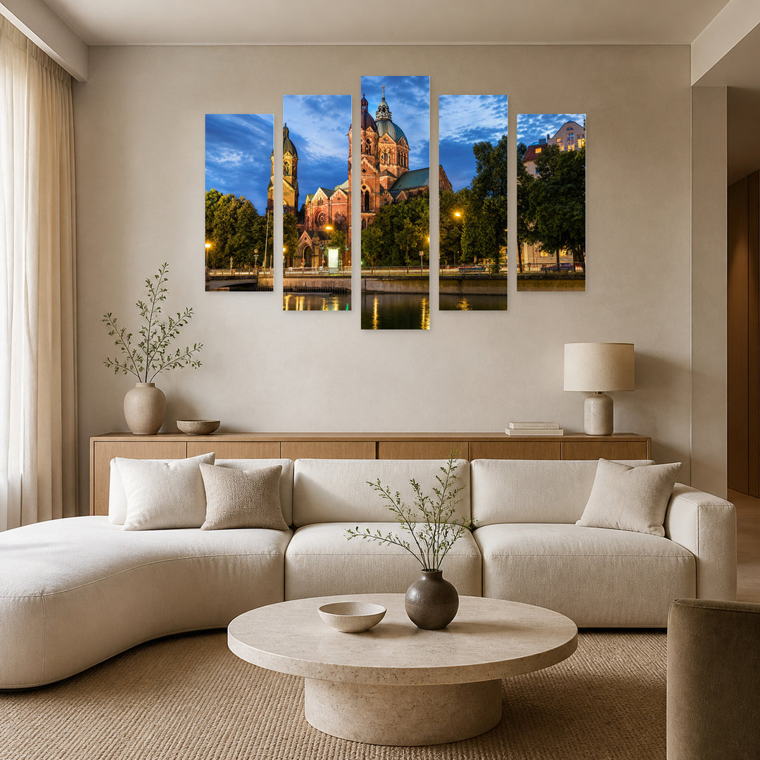 Pink Church "st. Luke", Munich with Geometric Rhythm — five-panel wall art in frontal interior | 5wallart 55929 M3