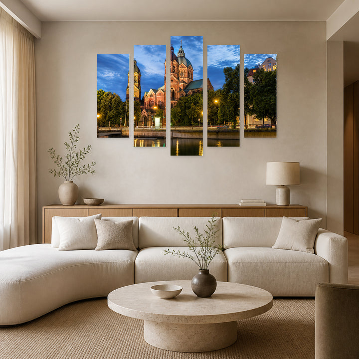 Pink Church "st. Luke", Munich with Geometric Rhythm — five-panel wall art in frontal interior | 5wallart 55929 M3