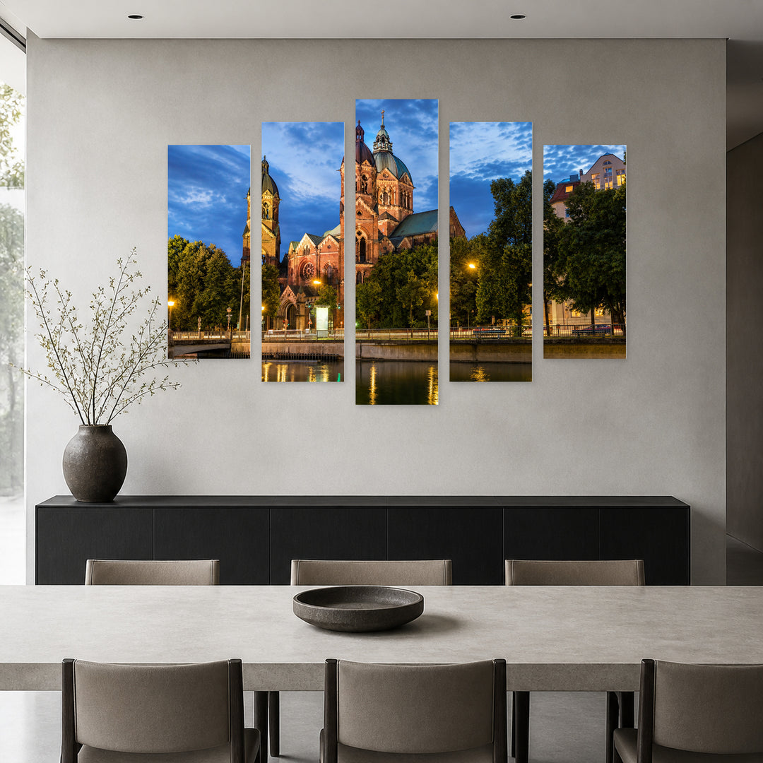 Pink Church "st. Luke", Munich with Geometric Rhythm — five-panel wall art in alternate frontal interior | 5wallart 55929 M4