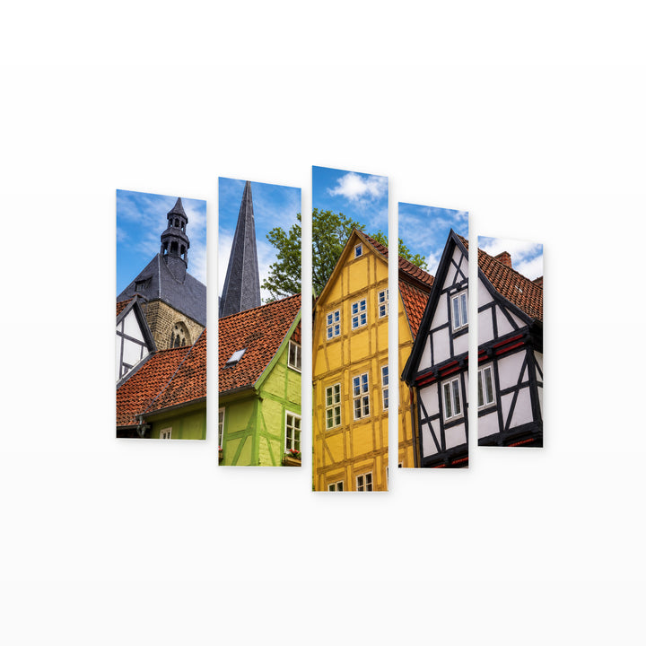 City Facades in Germany in Blue and Gold — five-panel wall art on white background in perspective | 5wallart 55930 M1