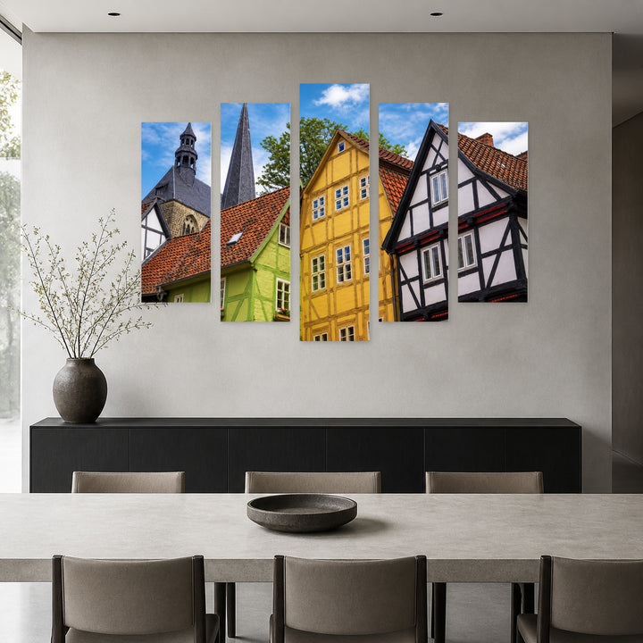 City Facades in Germany in Blue and Gold — five-panel wall art in frontal interior | 5wallart 55930 M3