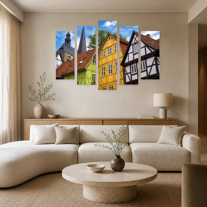 City Facades in Germany in Blue and Gold — five-panel wall art in alternate frontal interior | 5wallart 55930 M4