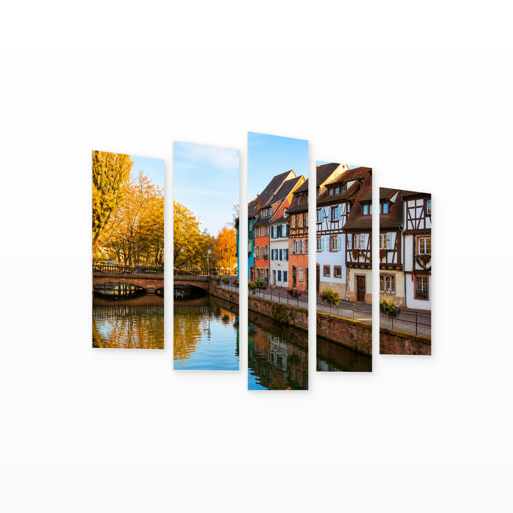 Medieval Houses in Colmar, France in Vivid Color — five-panel wall art on white background in perspective | 5wallart 55932 M1
