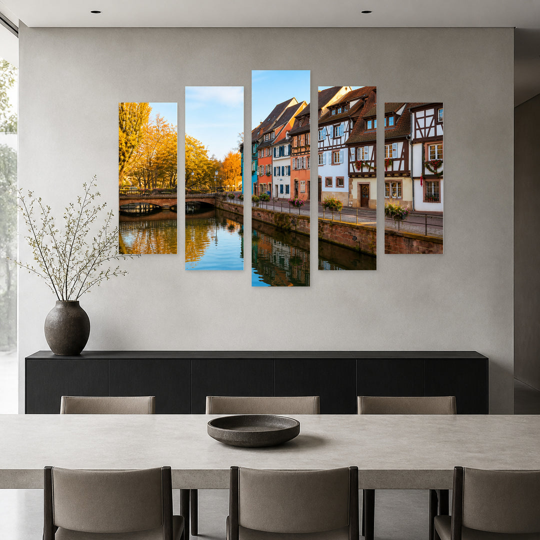 Medieval Houses in Colmar, France in Vivid Color — five-panel wall art in frontal interior | 5wallart 55932 M3