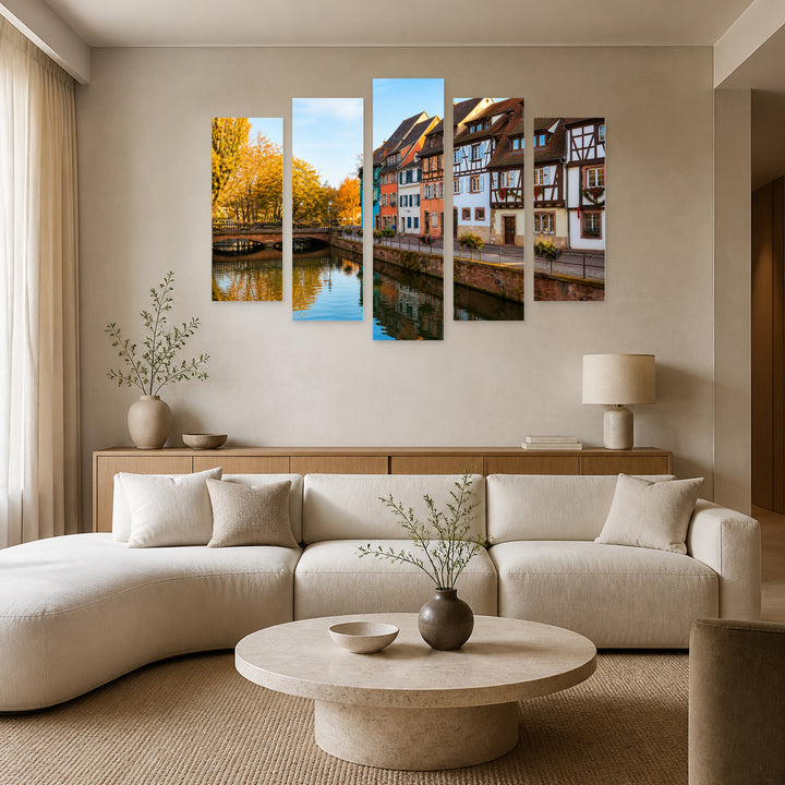Medieval Houses in Colmar, France in Vivid Color — five-panel wall art in alternate frontal interior | 5wallart 55932 M4