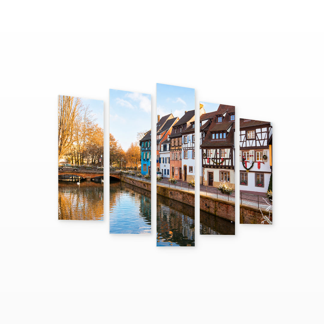 Medieval Houses in France with Geometric Rhythm — five-panel wall art on white background in perspective | 5wallart 55933 M1