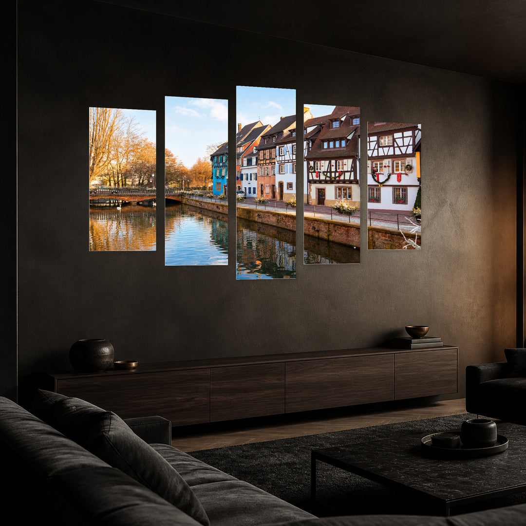 Medieval Houses in France with Geometric Rhythm — five-panel wall art in perspective interior | 5wallart 55933 M2