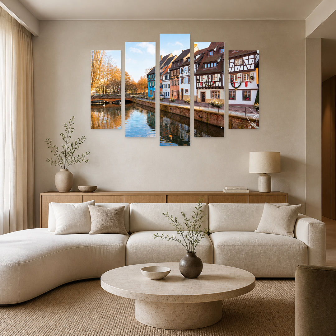 Medieval Houses in France with Geometric Rhythm — five-panel wall art in frontal interior | 5wallart 55933 M3