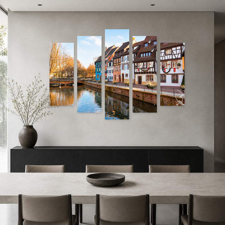 Medieval Houses in France with Geometric Rhythm — five-panel wall art in alternate frontal interior | 5wallart 55933 M4