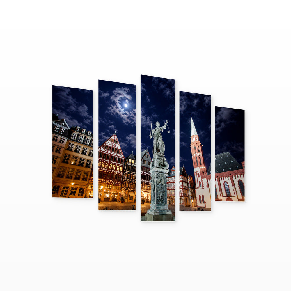 Lady Justice at Römer Square with Geometric Rhythm — five-panel wall art on white background in perspective | 5wallart 55934 M1