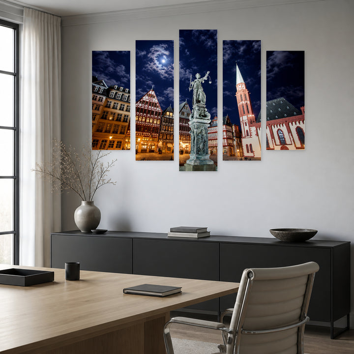 Lady Justice at Römer Square with Geometric Rhythm — five-panel wall art in frontal interior | 5wallart 55934 M3