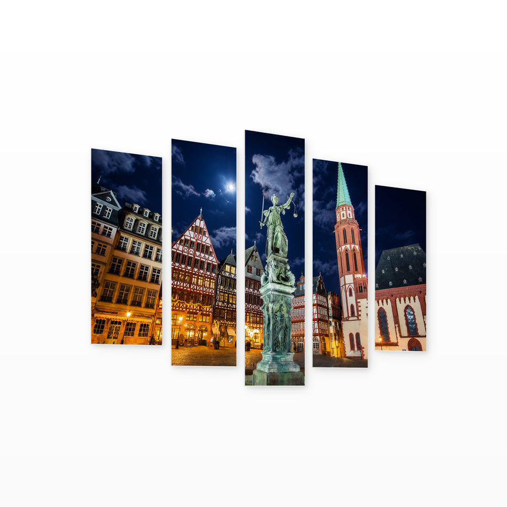 Statue of a Woman in Frankfurt Urban Panorama — five-panel wall art on white background in perspective | 5wallart 55935 M1