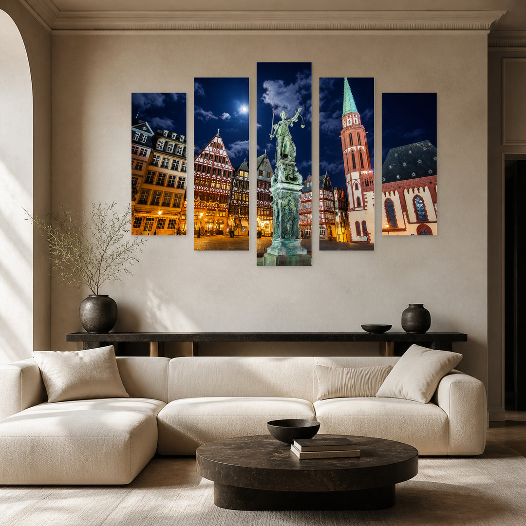 Statue of a Woman in Frankfurt Urban Panorama — five-panel wall art in frontal interior | 5wallart 55935 M3