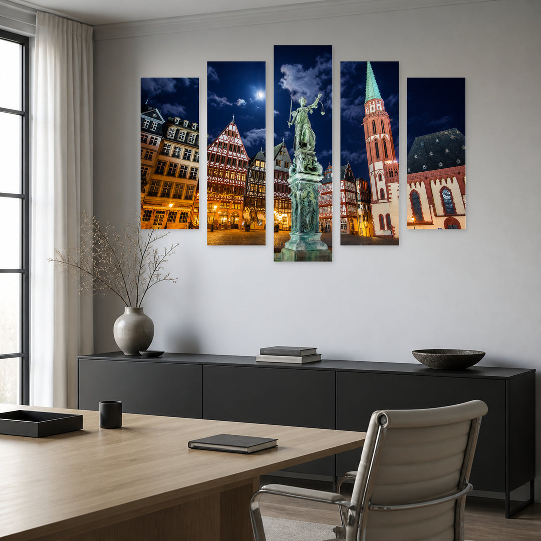 Statue of a Woman in Frankfurt Urban Panorama — five-panel wall art in alternate frontal interior | 5wallart 55935 M4