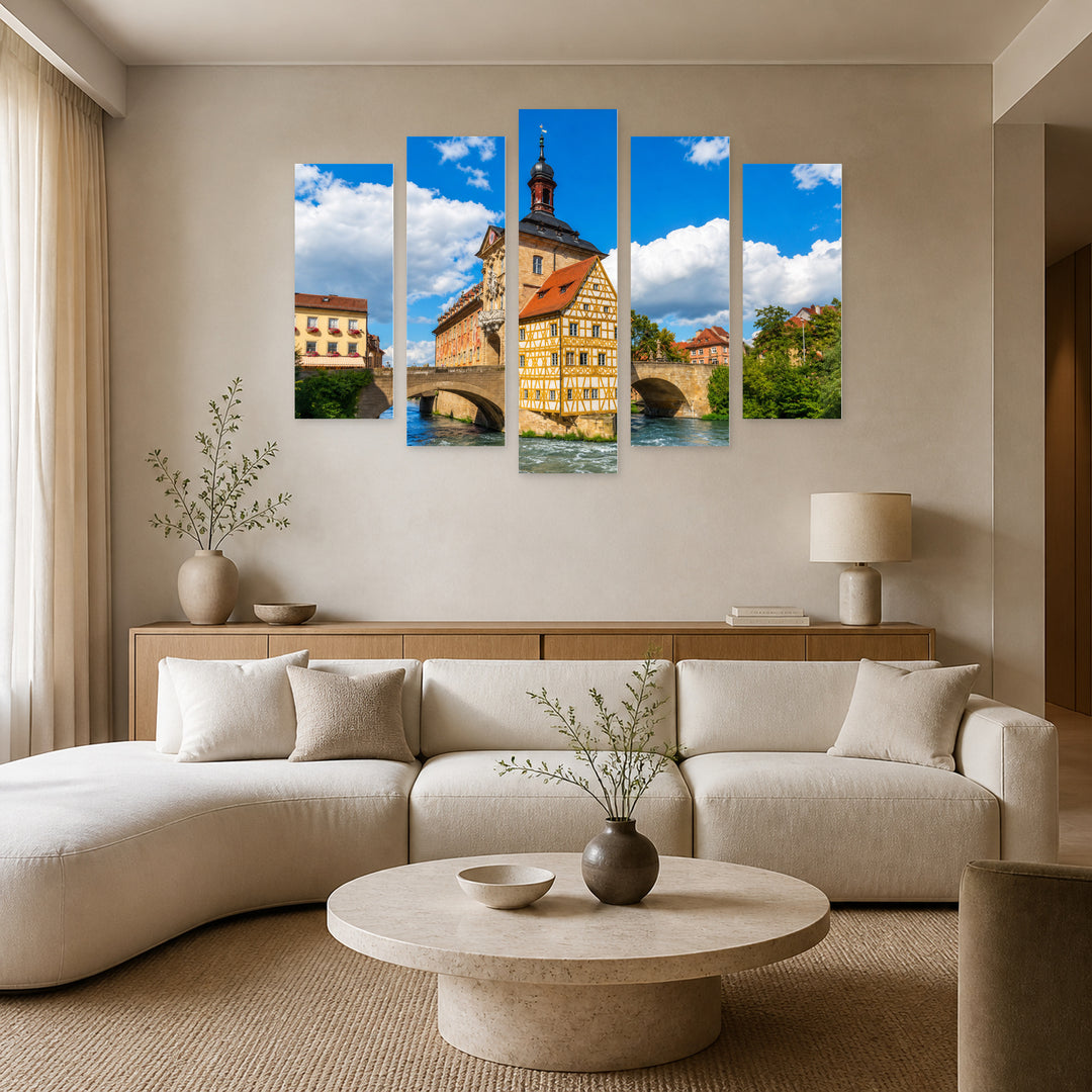 Building in Bamberg with Geometric Rhythm — five-panel wall art in alternate frontal interior | 5wallart 55936 M4
