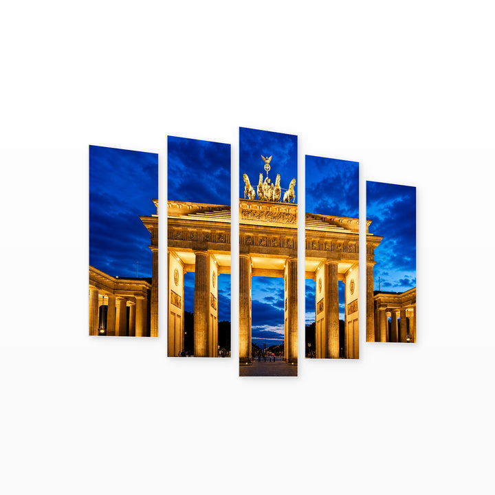 Brandenburg Gate in Berlin with Dramatic Contrast — five-panel wall art on white background in perspective | 5wallart 55937 M1