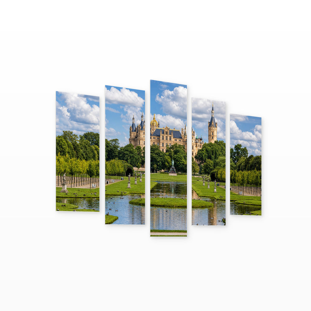 Schwerin Castle in Germany in Blue and Gold — five-panel wall art on white background in perspective | 5wallart 55938 M1