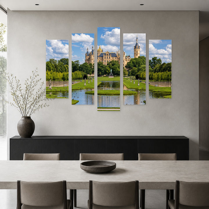 Schwerin Castle in Germany in Blue and Gold — five-panel wall art in frontal interior | 5wallart 55938 M3