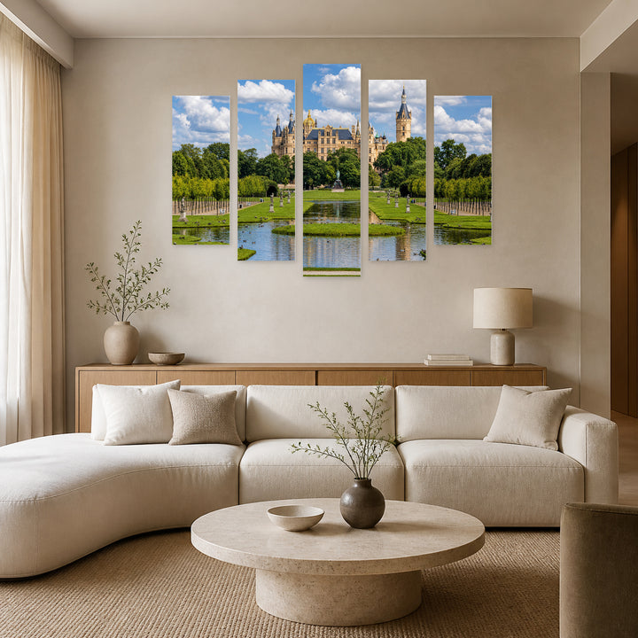Schwerin Castle in Germany in Blue and Gold — five-panel wall art in alternate frontal interior | 5wallart 55938 M4
