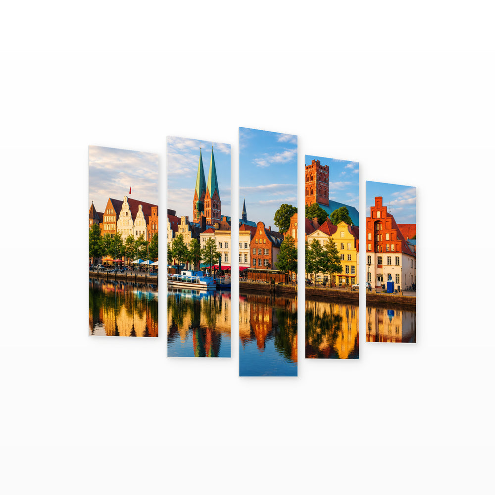 Lübeck, Germany in Serene Light II — five-panel wall art on white background in perspective | 5wallart 55942 M1