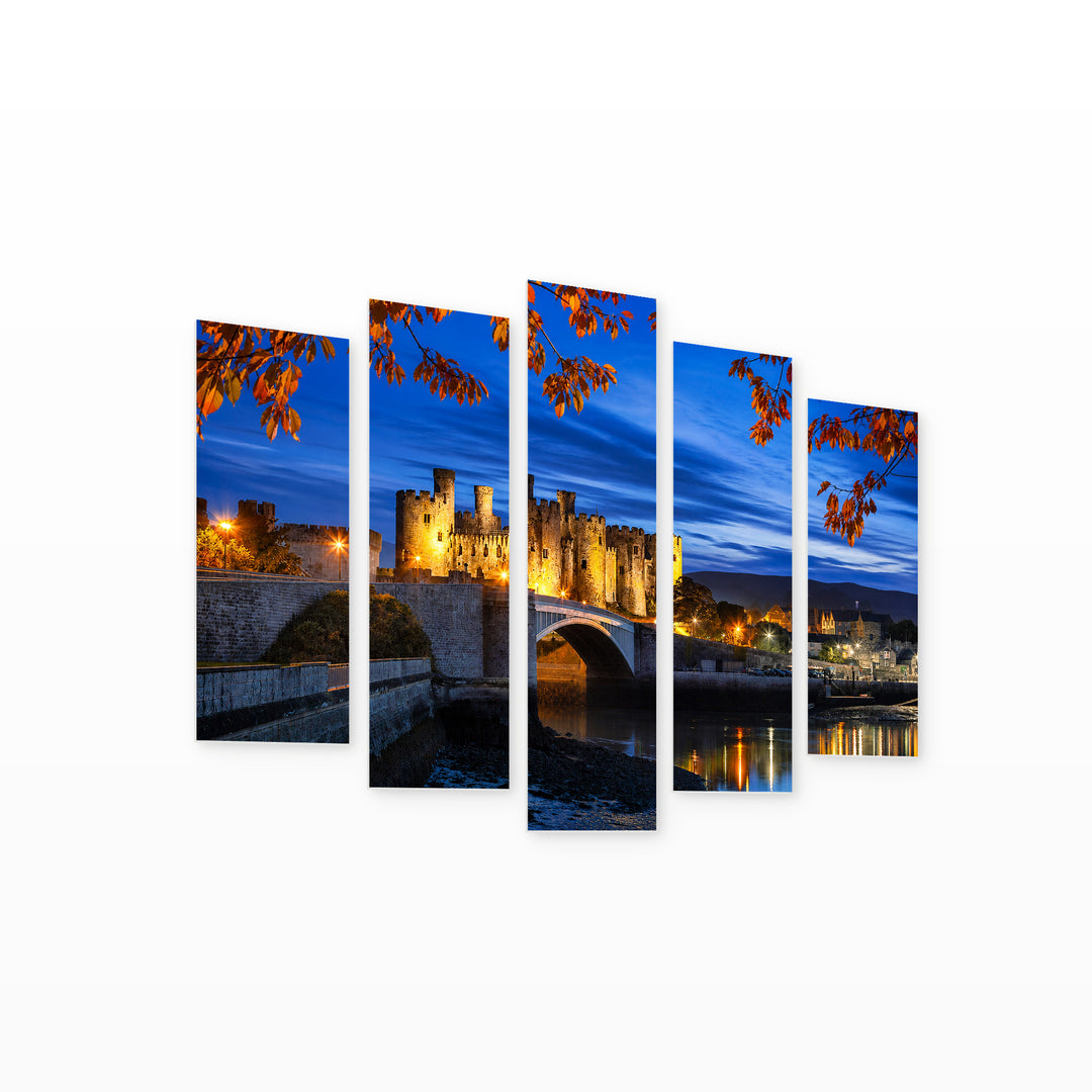 Famous Conwy Castle, Wales in Serene Light — five-panel wall art on white background in perspective | 5wallart 55944 M1