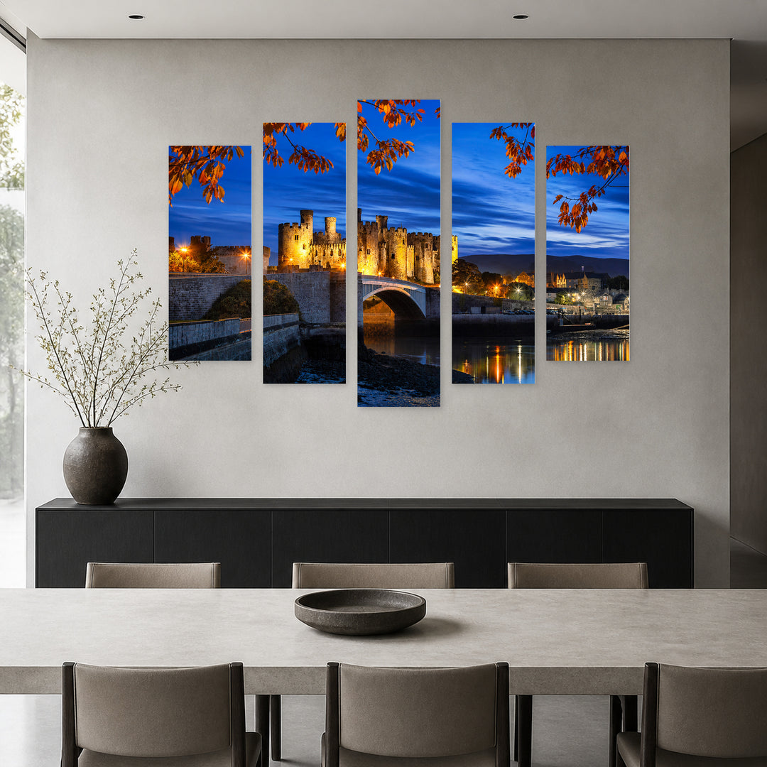 Famous Conwy Castle, Wales in Serene Light — five-panel wall art in frontal interior | 5wallart 55944 M3