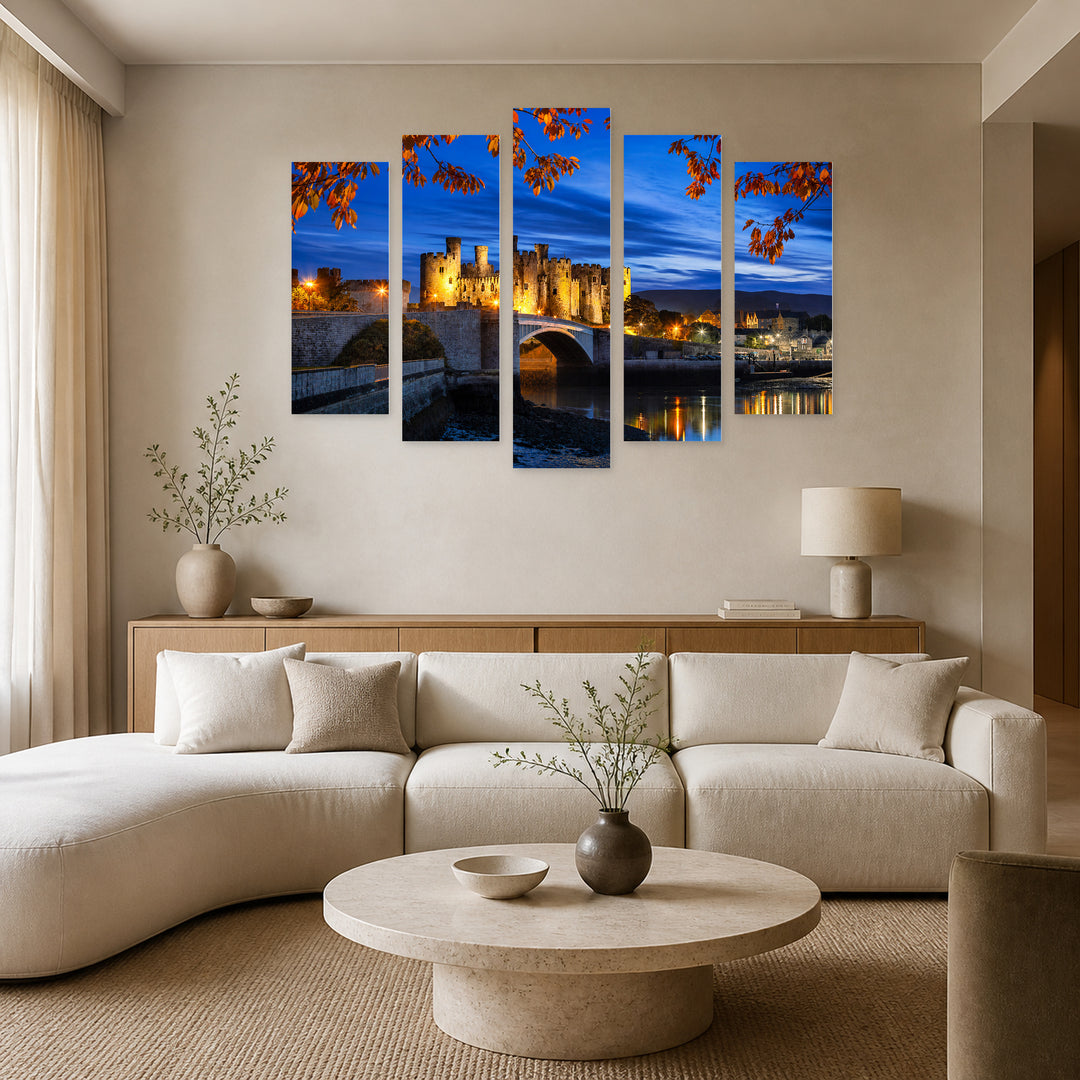 Famous Conwy Castle, Wales in Serene Light — five-panel wall art in alternate frontal interior | 5wallart 55944 M4