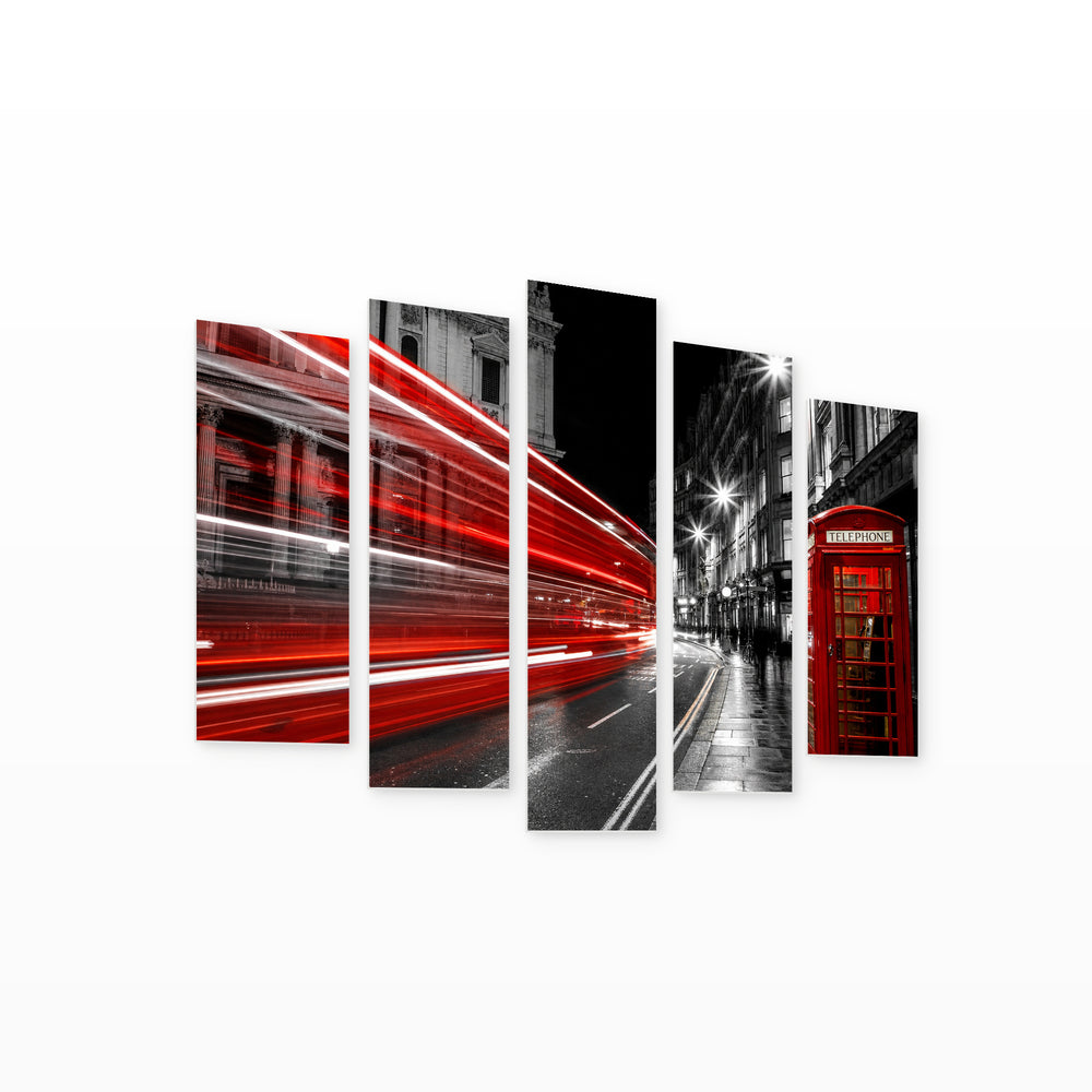 Red Telephone Booth in Vivid Color — five-panel wall art on white background in perspective | 5wallart 55945 M1