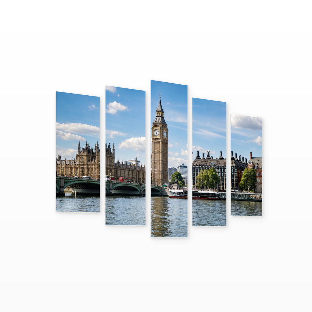 Big Ben on a Sunny Day Urban Panorama — five-panel wall art on white background in perspective | 5wallart 55946 M1