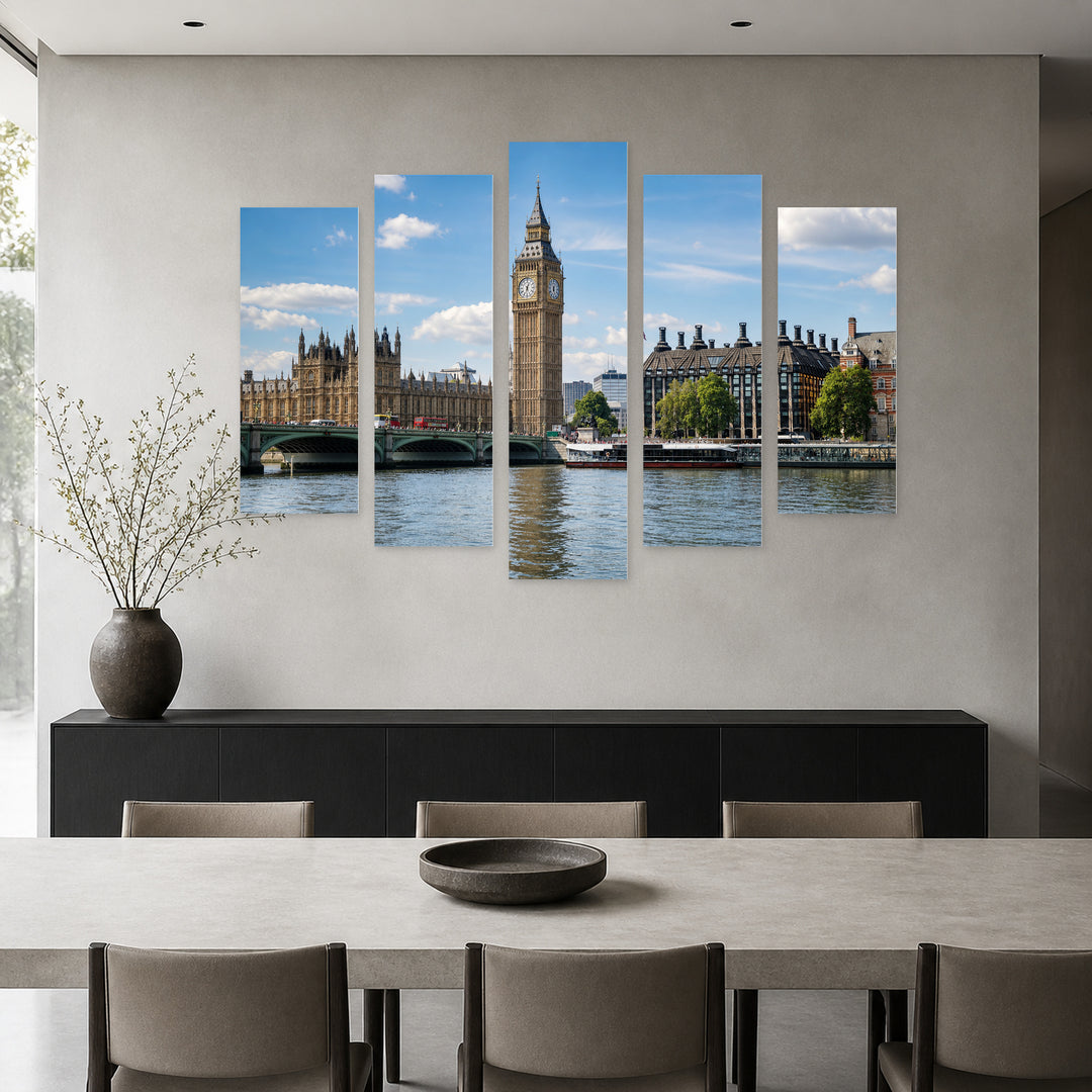 Big Ben on a Sunny Day Urban Panorama — five-panel wall art in frontal interior | 5wallart 55946 M3