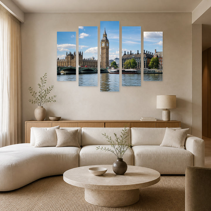 Big Ben on a Sunny Day Urban Panorama — five-panel wall art in alternate frontal interior | 5wallart 55946 M4