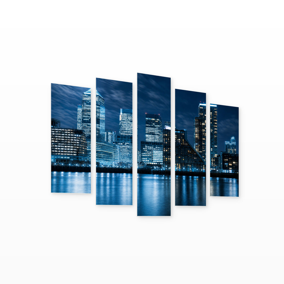 London City in Blue and Gold — five-panel wall art on white background in perspective | 5wallart 55948 M1