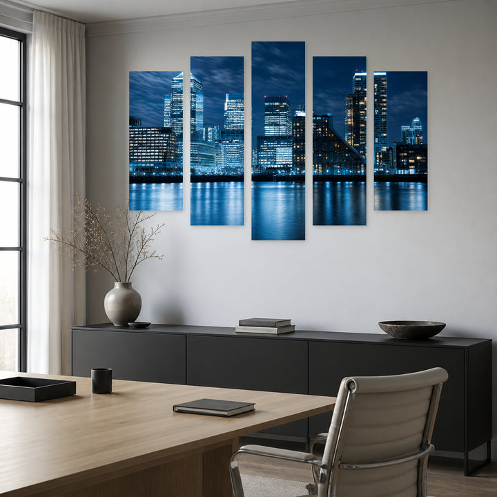 London City in Blue and Gold — five-panel wall art in frontal interior | 5wallart 55948 M3