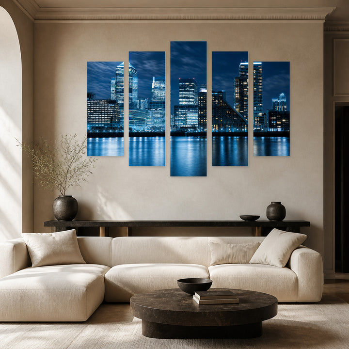 London City in Blue and Gold — five-panel wall art in alternate frontal interior | 5wallart 55948 M4