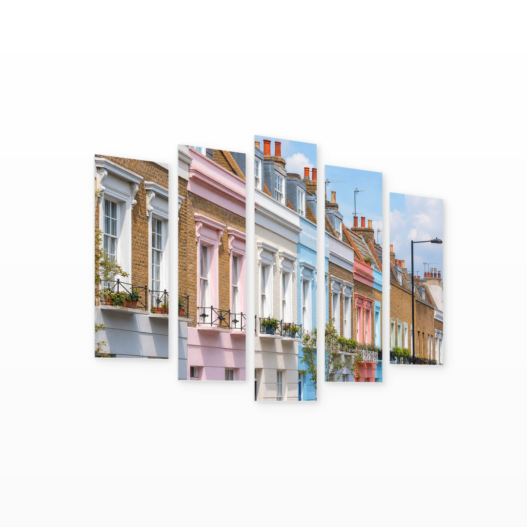 Colorful Facades with Geometric Rhythm — five-panel wall art on white background in perspective | 5wallart 55949 M1