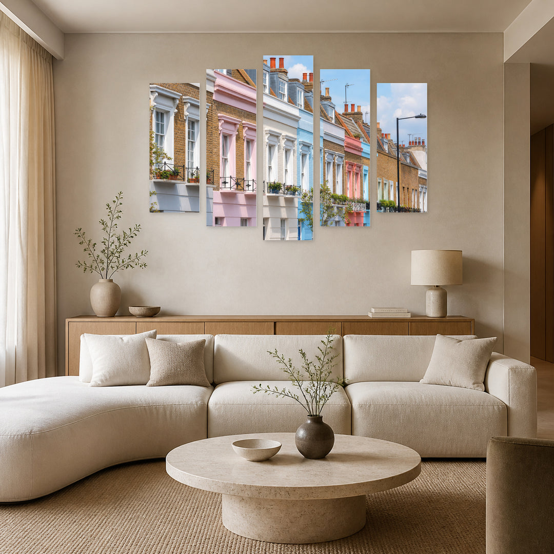 Colorful Facades with Geometric Rhythm — five-panel wall art in frontal interior | 5wallart 55949 M3
