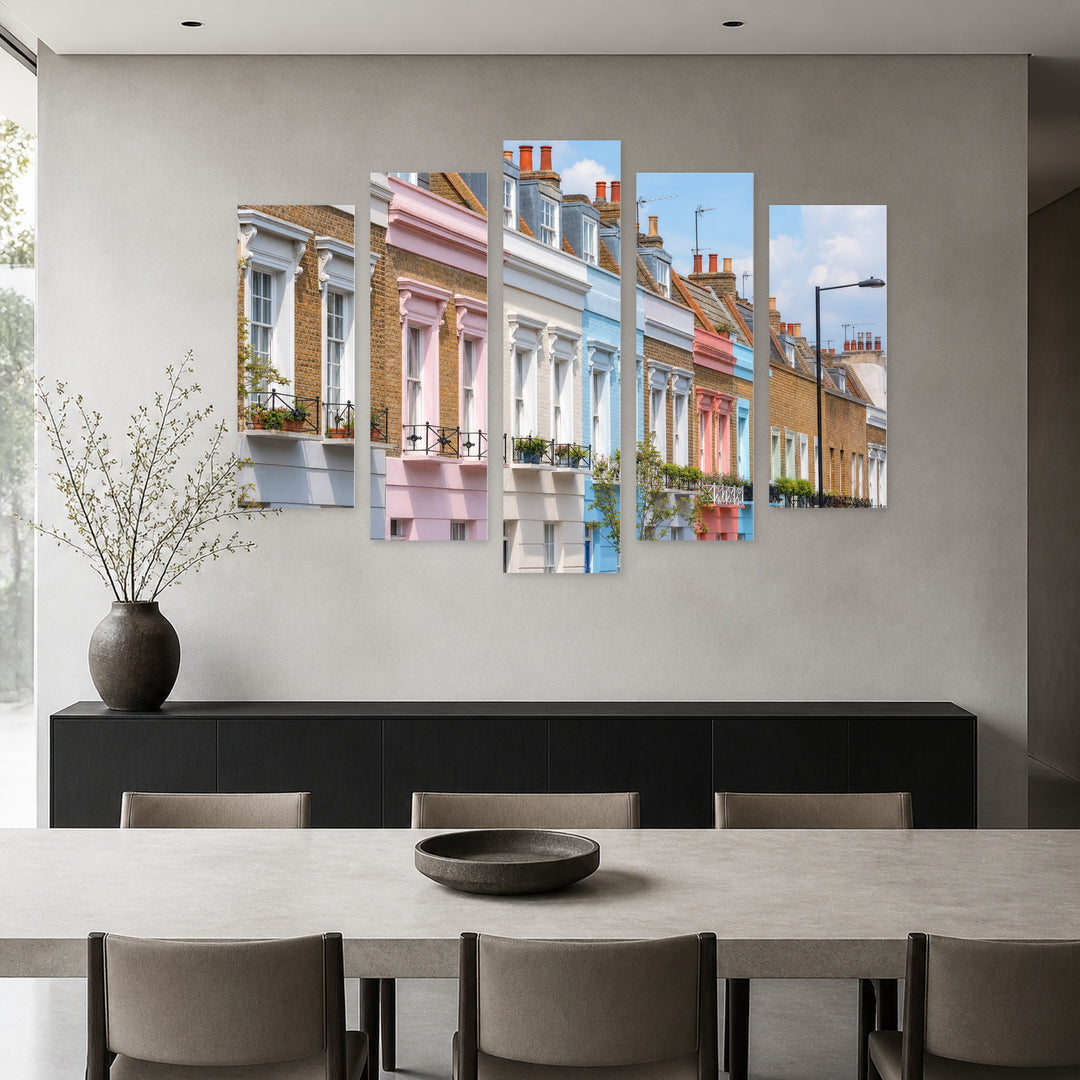 Colorful Facades with Geometric Rhythm — five-panel wall art in alternate frontal interior | 5wallart 55949 M4