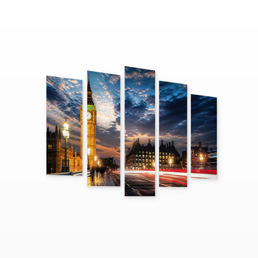 Big Ben from Westminster Bridge in Serene Light — five-panel wall art on white background in perspective | 5wallart 55950 M1