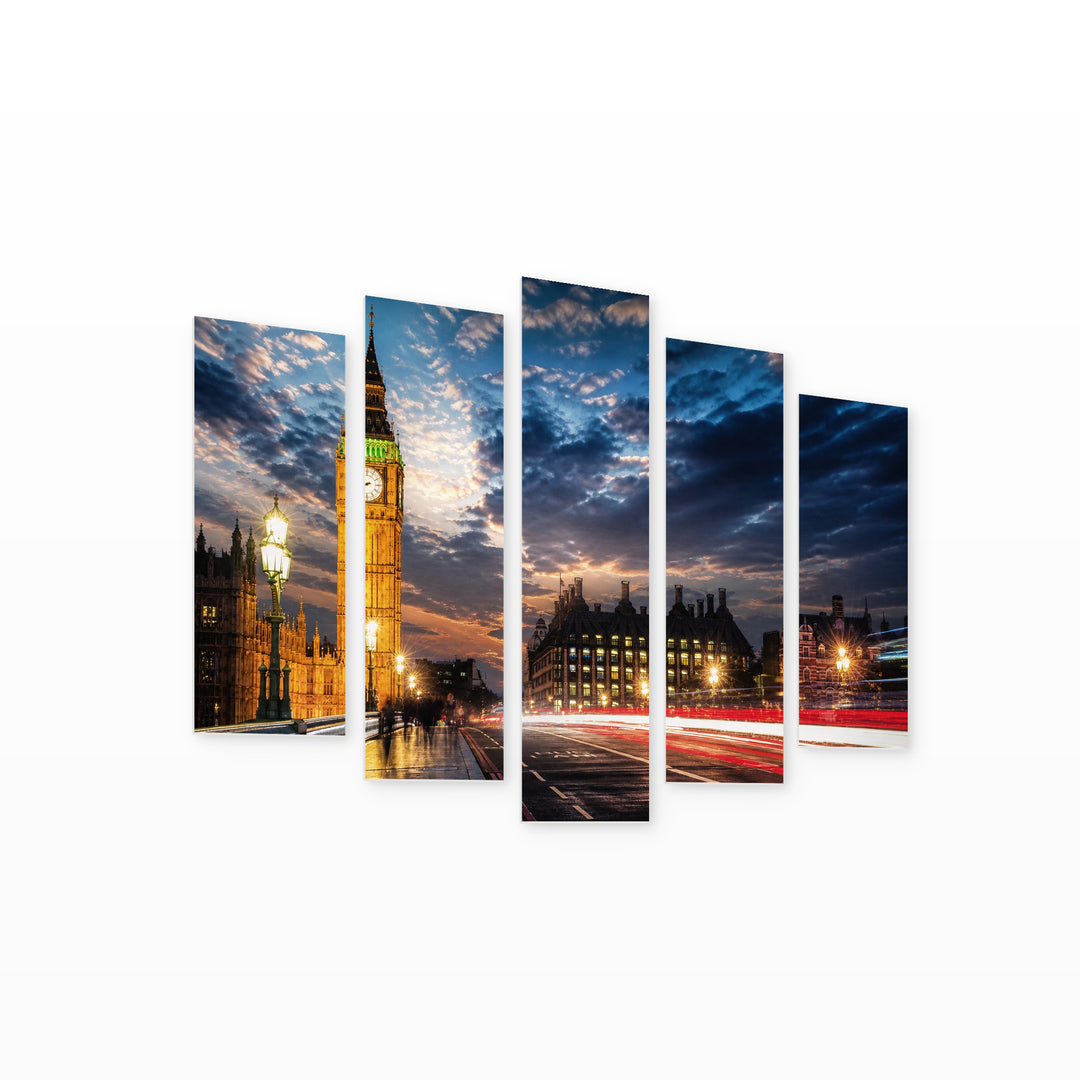 Big Ben from Westminster Bridge in Serene Light — five-panel wall art on white background in perspective | 5wallart 55950 M1