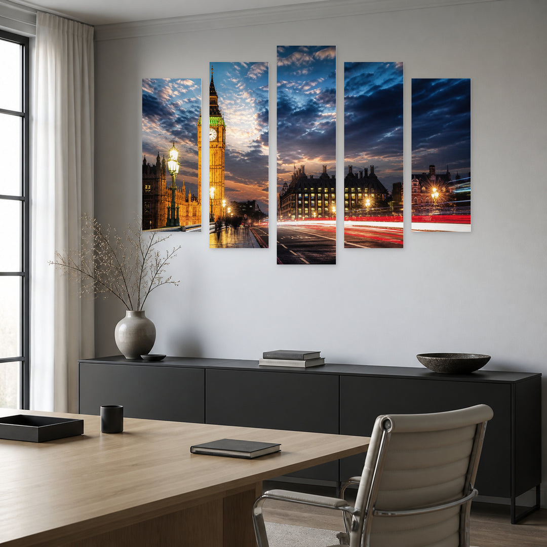 Big Ben from Westminster Bridge in Serene Light — five-panel wall art in frontal interior | 5wallart 55950 M3