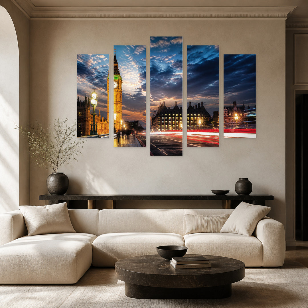 Big Ben from Westminster Bridge in Serene Light — five-panel wall art in alternate frontal interior | 5wallart 55950 M4