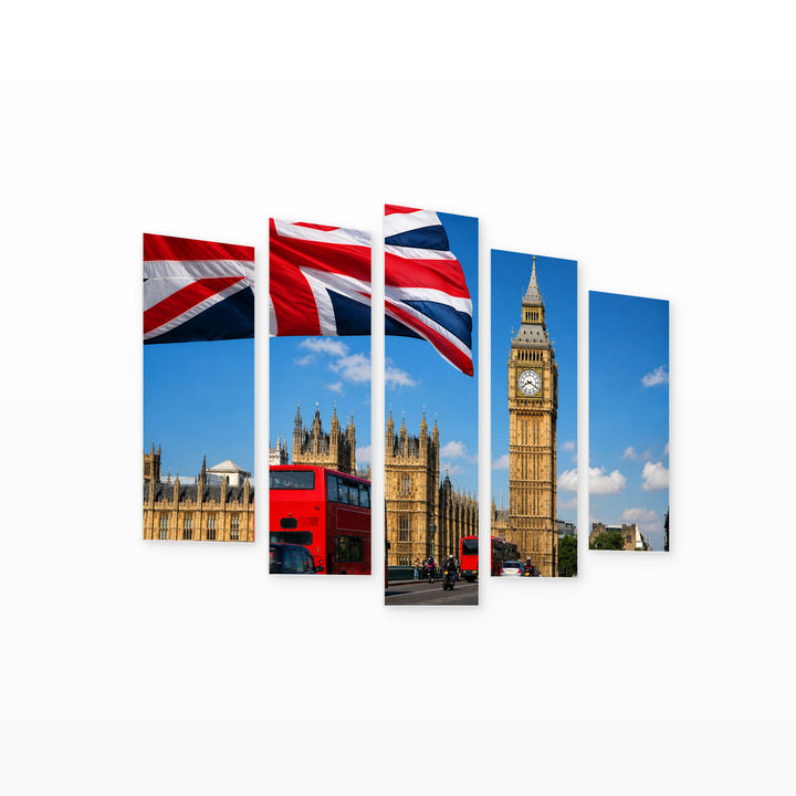 Red Double-decker Buses in Front with Dramatic Contrast — five-panel wall art on white background in perspective | 5wallart 55951 M1