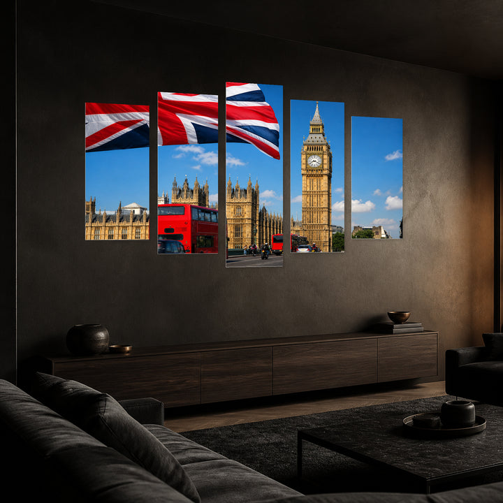 Red Double-decker Buses in Front with Dramatic Contrast — five-panel wall art in perspective interior | 5wallart 55951 M2