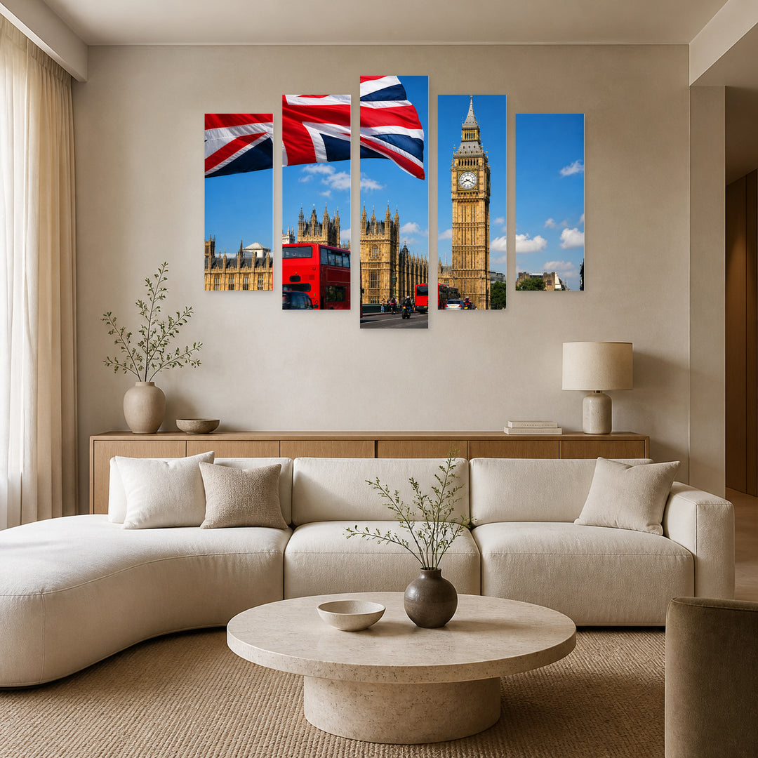 Red Double-decker Buses in Front with Dramatic Contrast — five-panel wall art in frontal interior | 5wallart 55951 M3