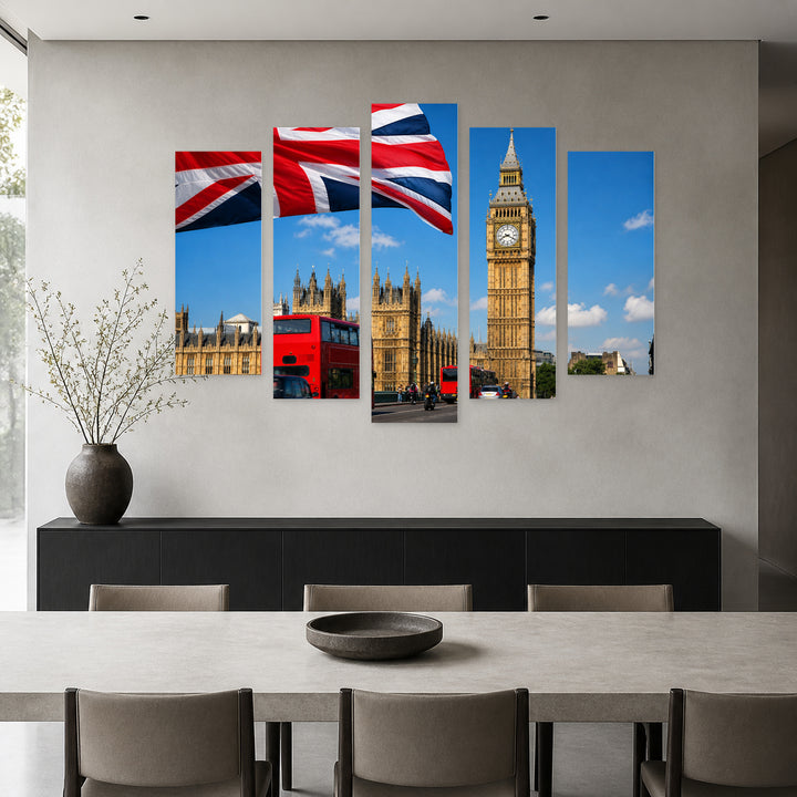 Red Double-decker Buses in Front with Dramatic Contrast — five-panel wall art in alternate frontal interior | 5wallart 55951 M4