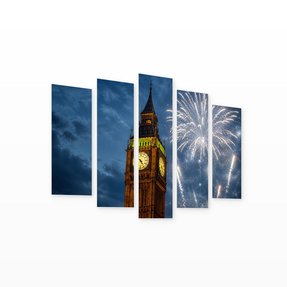 Fireworks in the Sky Above Big at Night — five-panel wall art on white background in perspective | 5wallart 55952 M1