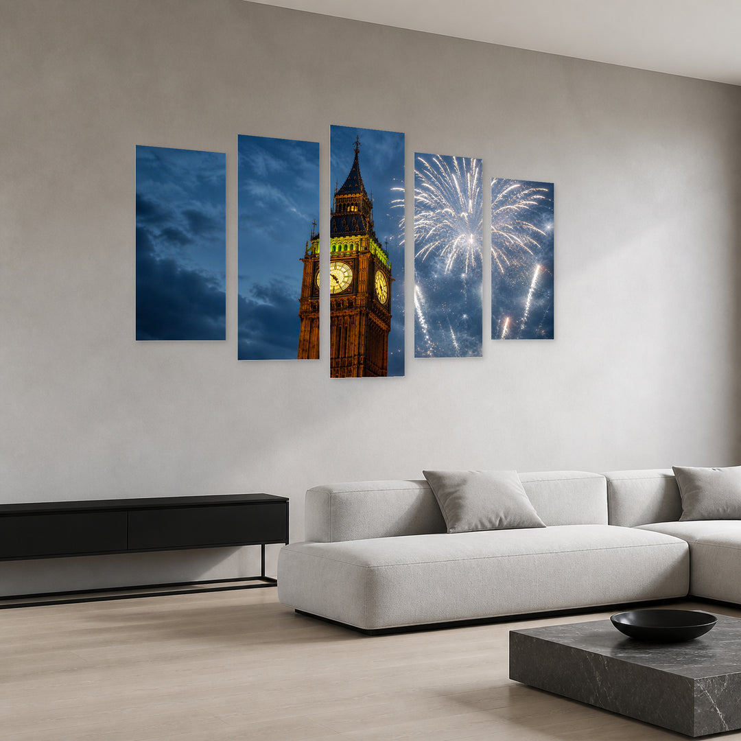 Fireworks in the Sky Above Big at Night — five-panel wall art in perspective interior | 5wallart 55952 M2