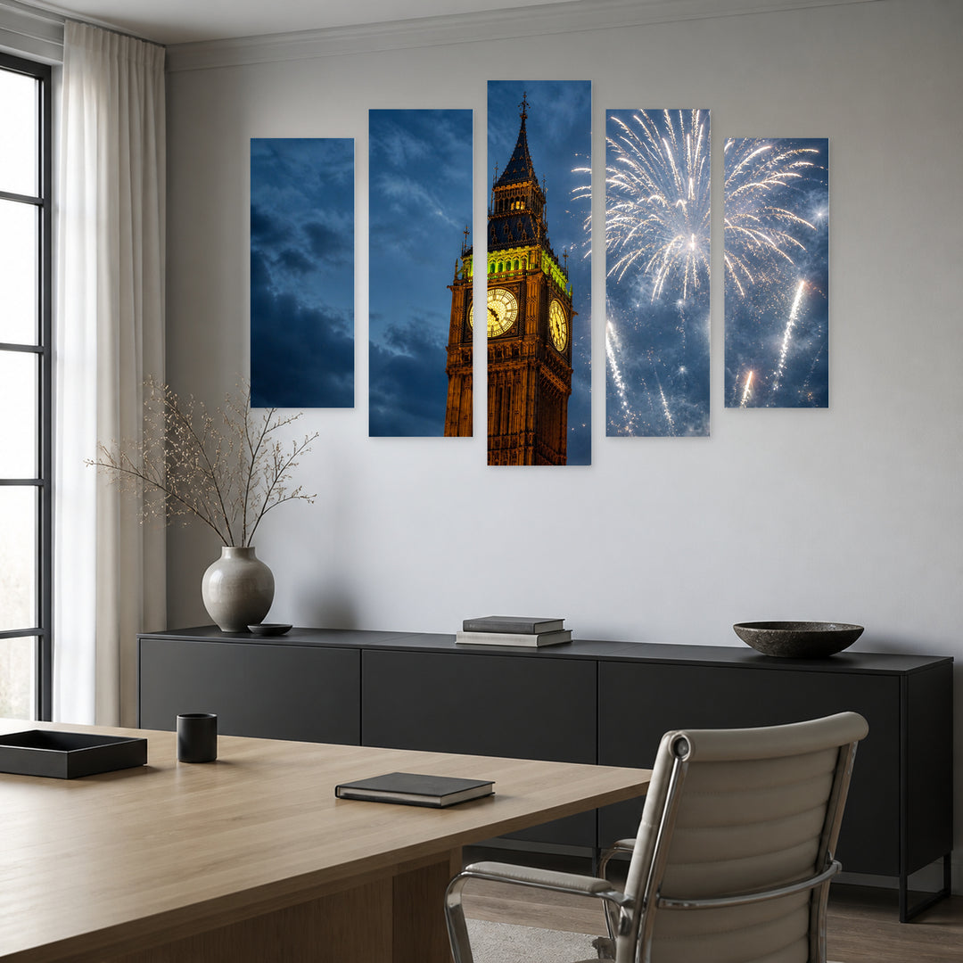 Fireworks in the Sky Above Big at Night — five-panel wall art in frontal interior | 5wallart 55952 M3